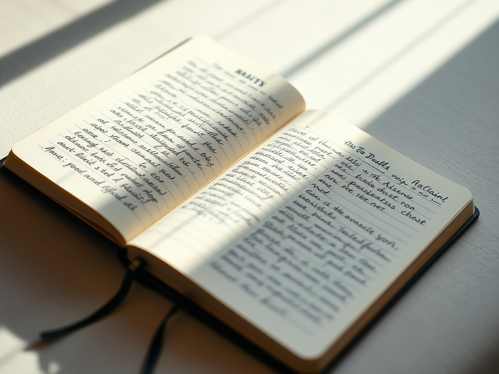 An open, well-worn leather journal lies flat on a smooth, charcoal-gray desk, its cream pages filled with tightly spaced handwritten lines that fade toward the edges of the frame, illegible yet clearly personal. A black metal pen rests diagonally across the center fold as if just set down after an intense entry. Harsh directional light from the upper left slices across the scene, illuminating the textured leather and paper fibers while casting strong, angular shadows off the pen and page edges. The minimalist background falls into deep, velvety darkness. Shot from a slightly elevated, close-up perspective with shallow depth of field and photographic realism, the mood is raw, introspective, and unflinchingly honest, mirroring daily reflections in recovery.